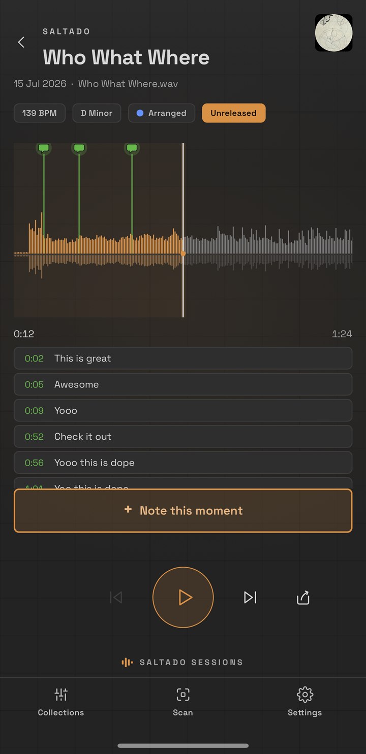 The Sessions phone app playing a bounce, with timed notes from a friend listed under the waveform